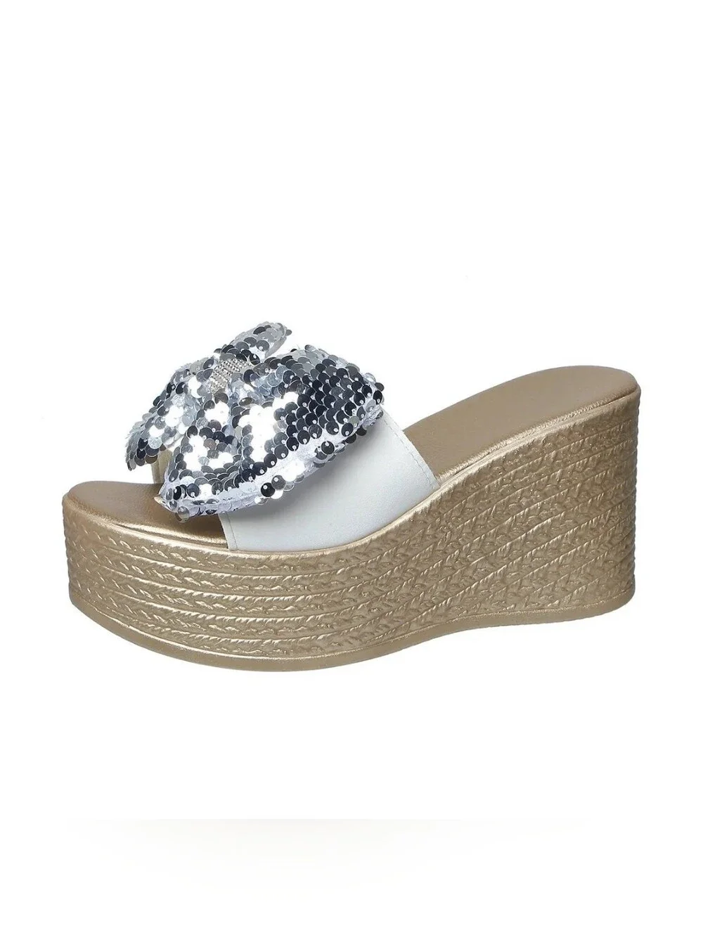 Oversized Sequin Bow Open Toe Shoes Chunky Sparkle Bling Platform Wedge Sandals
